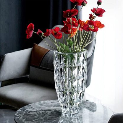 27.5cm tall clear glass vase with geometric pattern, ideal for flowers or decorative display.