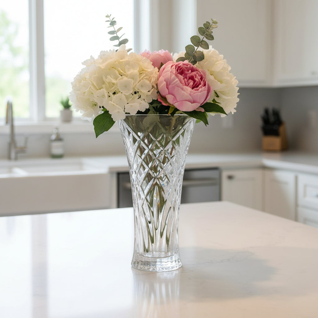 29.5cm Clear Glass Vase with Intricate Diamond-Cut Pattern