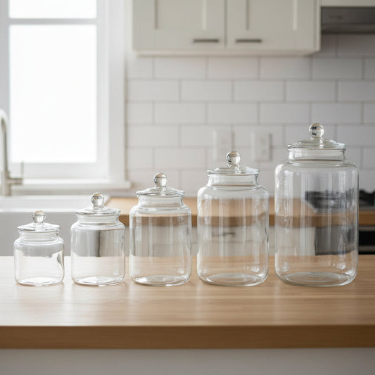 Clear glass storage jars with airtight lids available in multiple sizes for kitchen organization and dry food storage