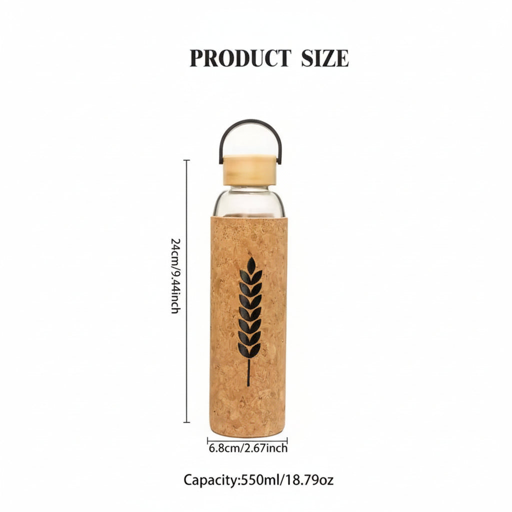 550ml Glass Water Bottle with Bamboo Lid and Cork Sleeve