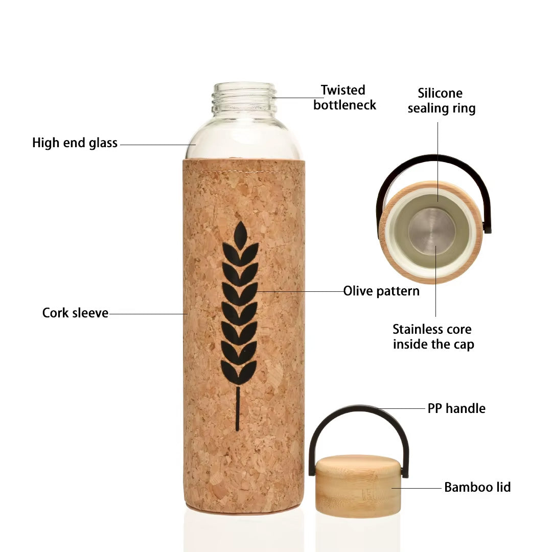 550ml Glass Water Bottle with Bamboo Lid and Cork Sleeve
