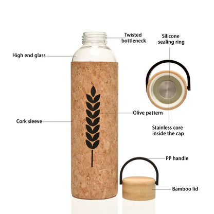 550ml Glass Water Bottle with Bamboo Lid and Cork Sleeve