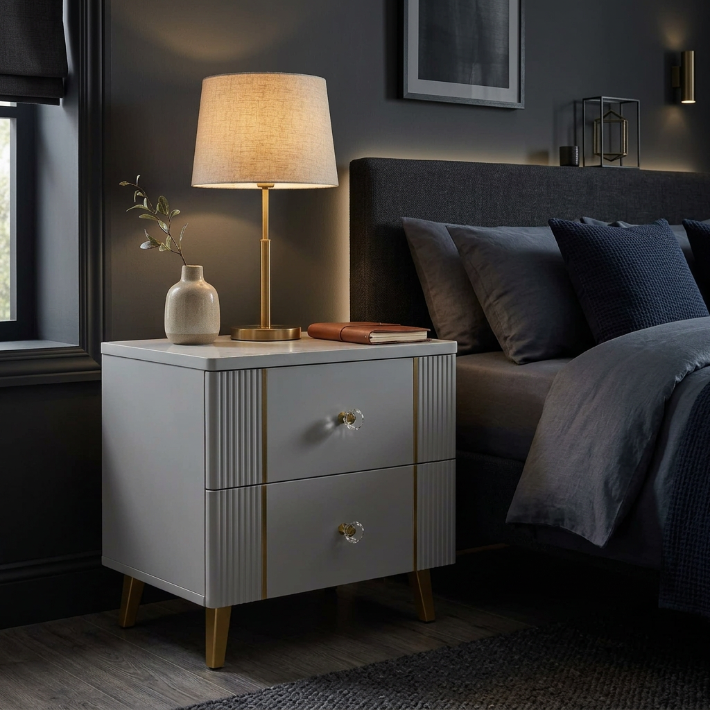 Bedside Table with Two Drawers and Gold Metal Inlay Stripes