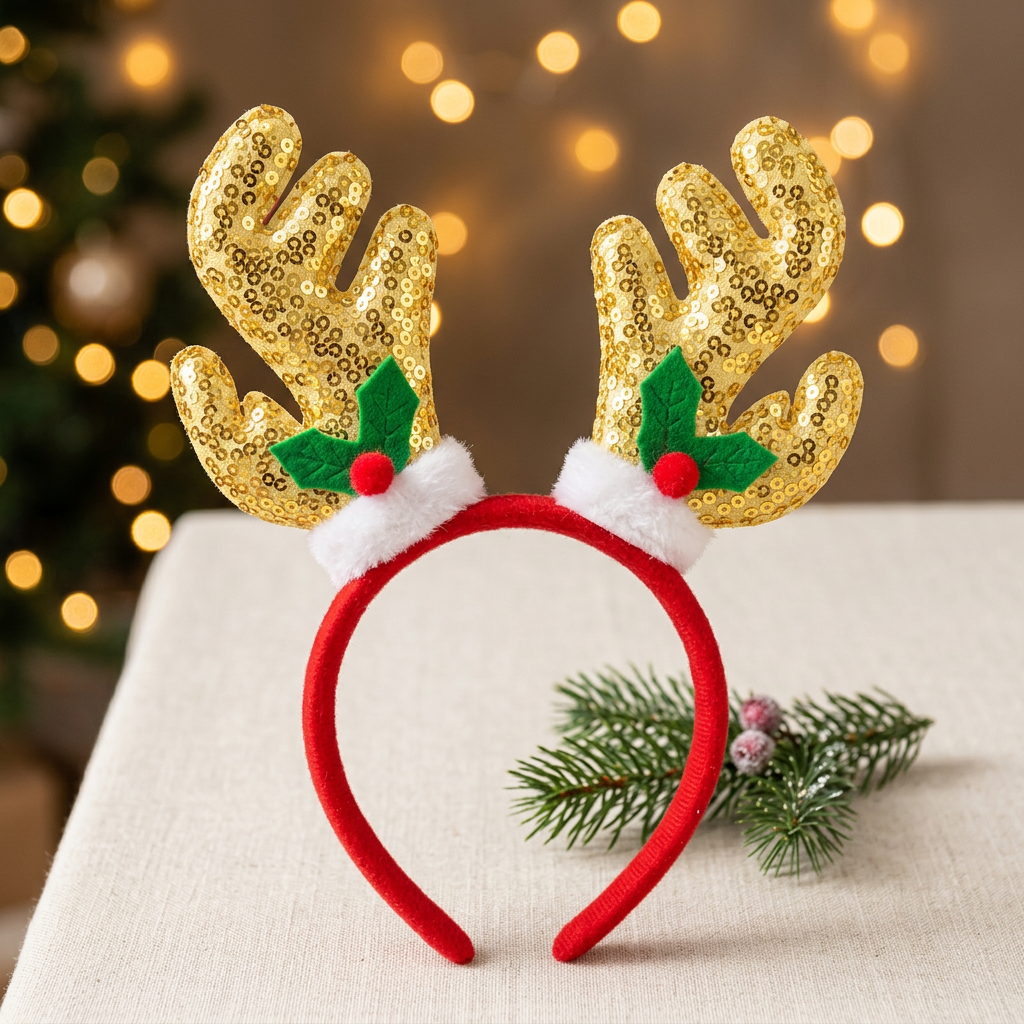 Gold-antler headband in a festive tabletop setup