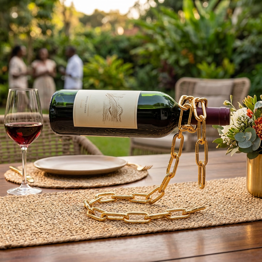 Gold chain wine bottle holder with metallic finish and floating bottle design, available in Nairobi, Kenya