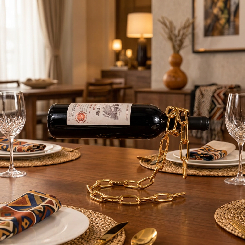 Gold wine chain holder in use on a dining table in a contemporary African home