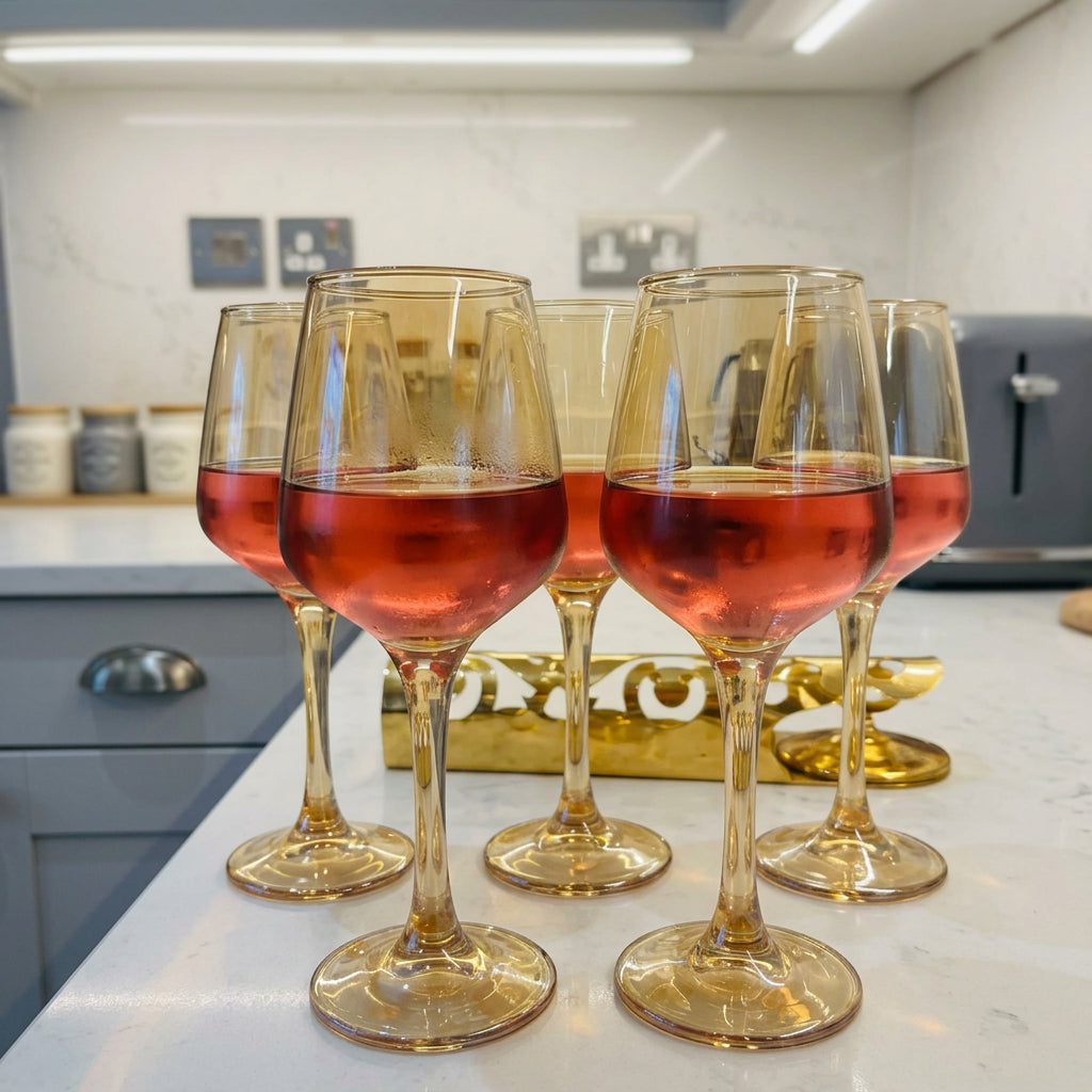 Gold wine glasses set of 6 for beverage serving and dining table settings, available in Nairobi, Kenya.