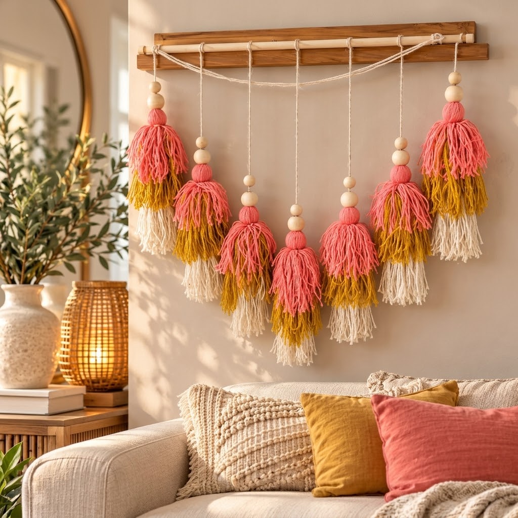 Handmade boho tassel wall hanging in coral pink, mustard yellow and cream with natural wooden beads, available in Nairobi, Kenya