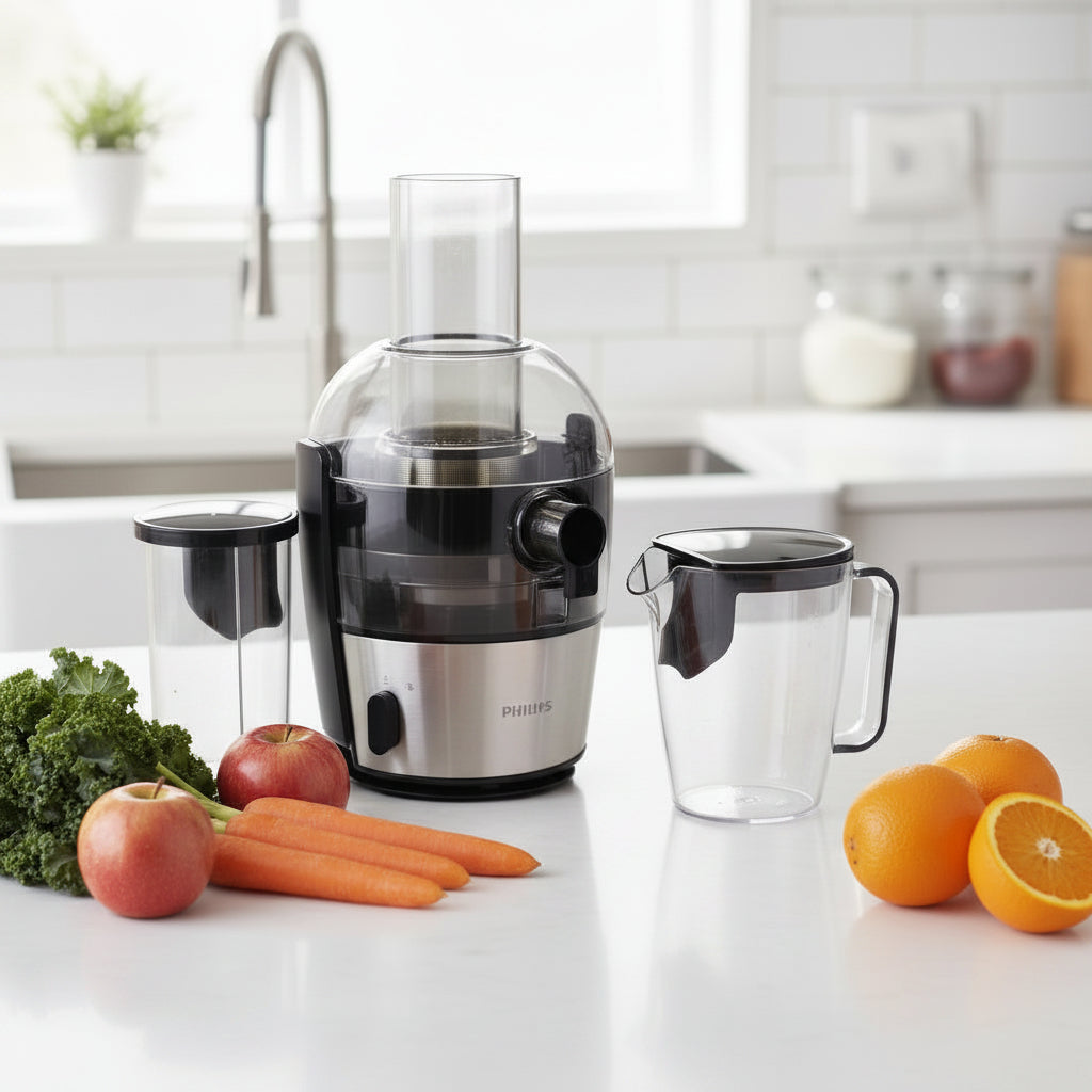 700W centrifugal juicer with 2L pulp container, 0.8L juice jug, and XL feeding tube for fast homemade fruit and vegetable juices HR1863/22.