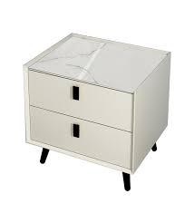 Cream Bedside Table with Two Drawers and Marble Effect Stone Top 48x40x50cm