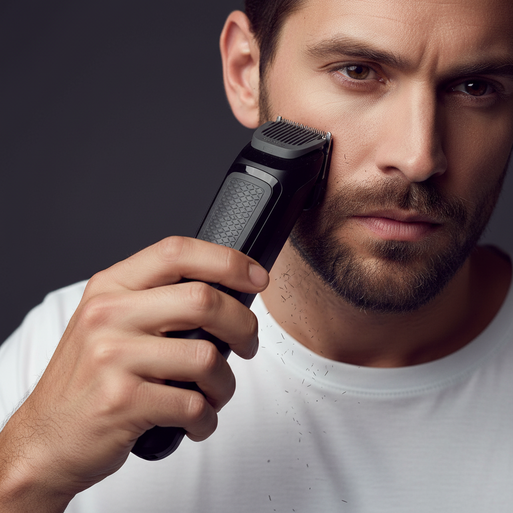 Dawood Lifestyle & Gadgets ke multi purpose grooming set with 6 grooming tools self sharpening blades trimmer nose and ear trimmer beard combs stubble combs rechargeable cordless operation rinseable attachments and maintenance free design for complete facial grooming.