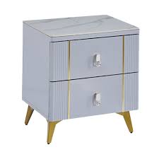 Bedside Table with Two Drawers and Gold Metal Inlay Stripes
