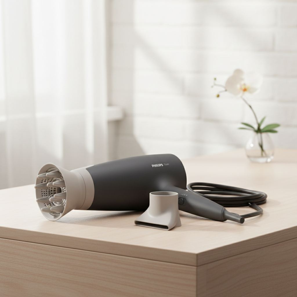 Dawood Lifestyle & Gadgets ke Philips 3000 Series hair dryer with ThermoProtect attachment 2100W motor advanced ionic care 6 heat and speed settings cool air function and slim styling nozzle for fast drying and frizz free hair styling.