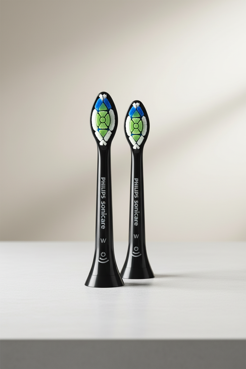 Dawood Lifestyle & Gadgets ke Sonicare Optimal White brush heads 2 pack black with medium soft bristles designed for effective plaque removal and daily oral care for a cleaner brighter smile.