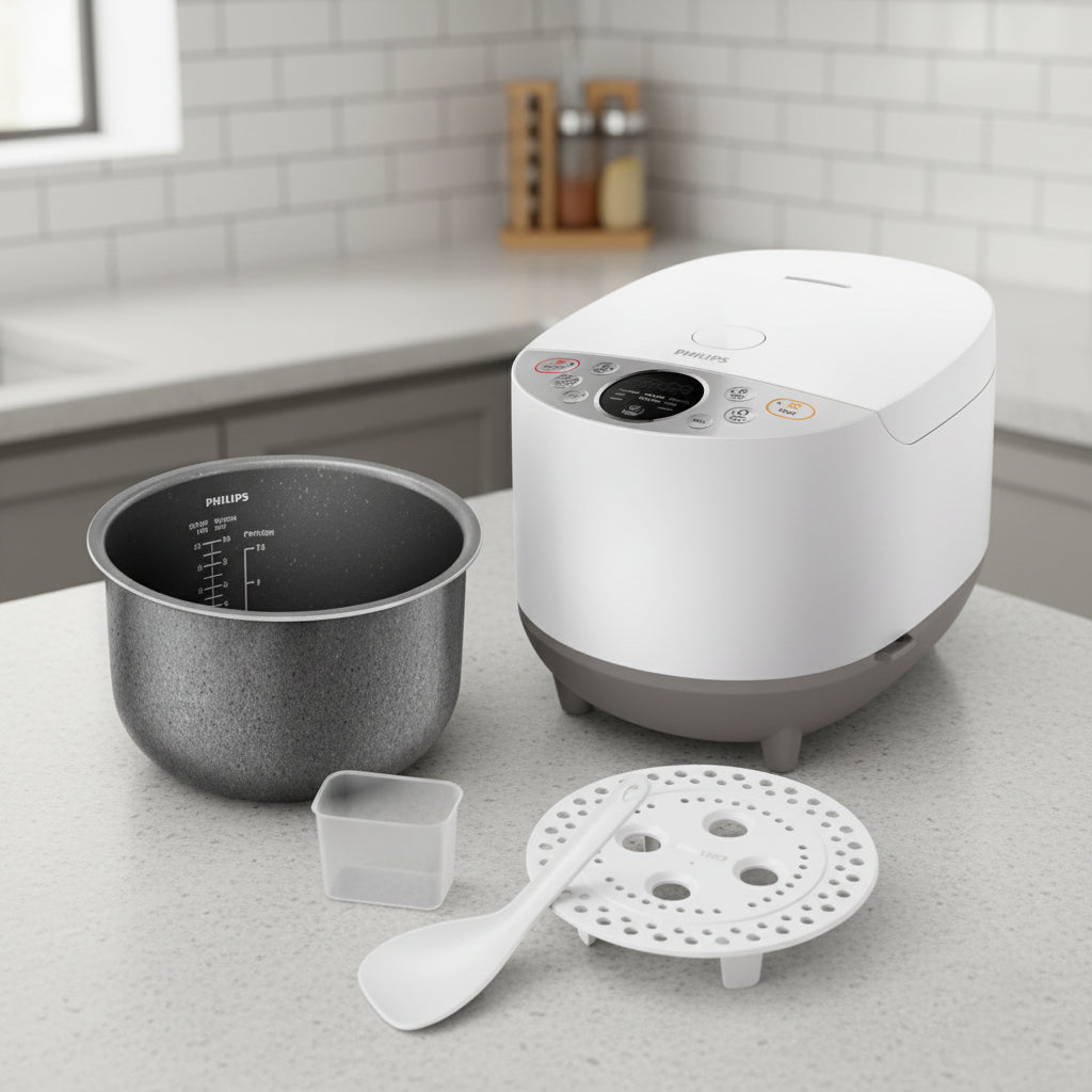 .8L digital rice cooker with Smart 3D heating, 10 cooking menus, and Bakuhanseki coated inner pot for perfectly cooked rice HD4515/55.