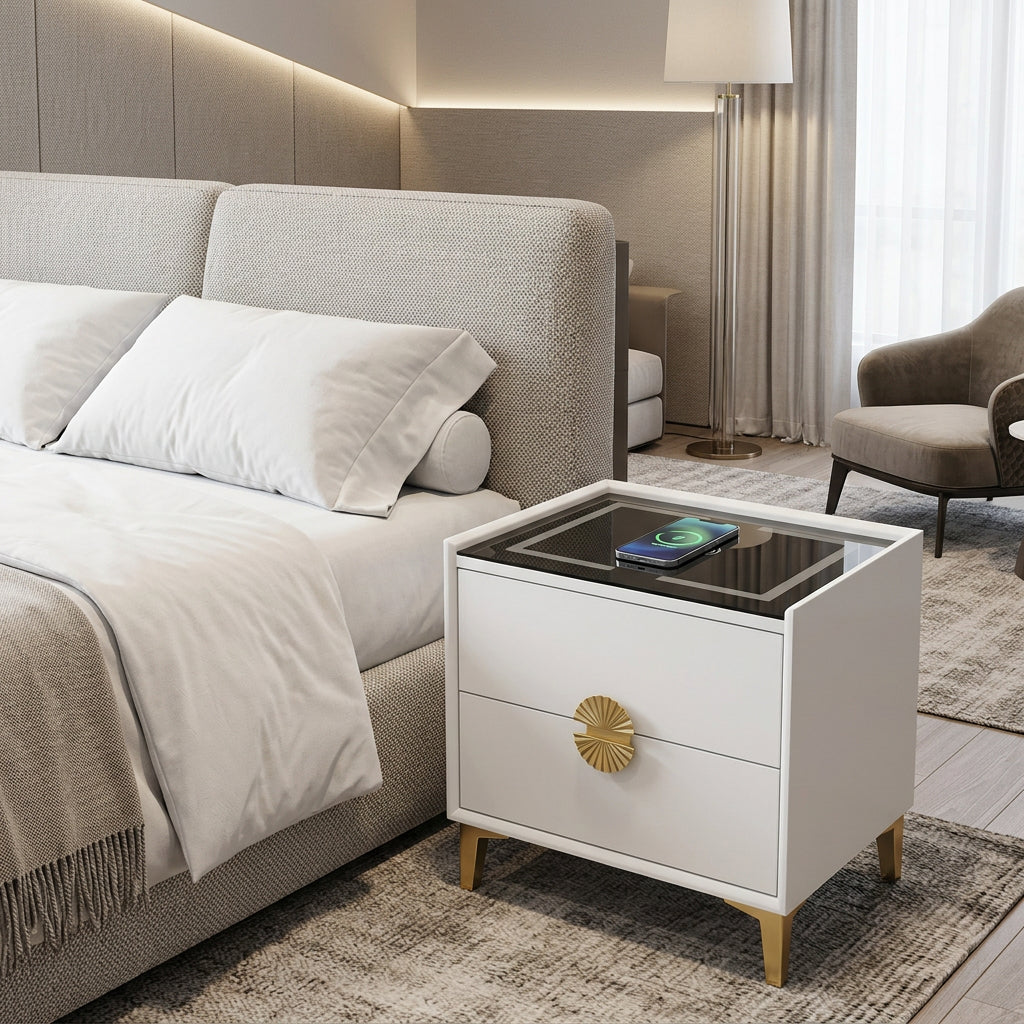Bedside Table with 2 Drawers and Wireless Charging Glass Top
