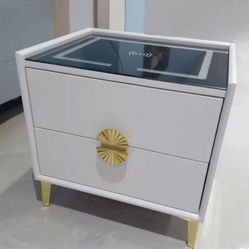 Bedside Table with 2 Drawers and Wireless Charging Glass Top