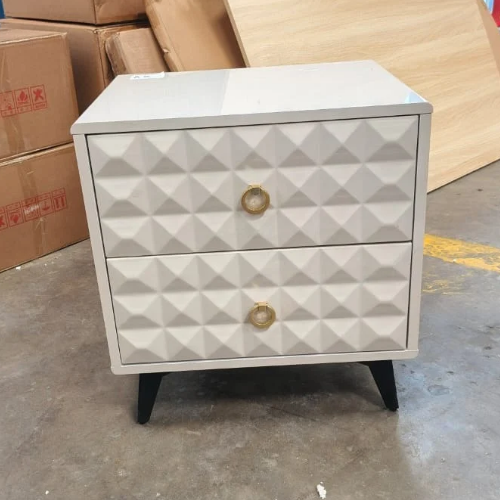 White Bedside Table with Two Drawers Geometric Front and Metal Legs