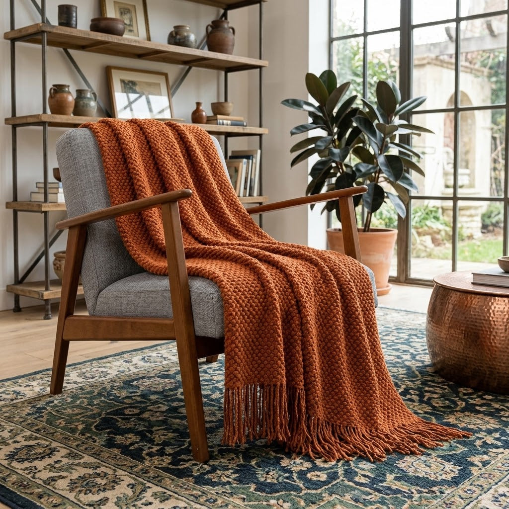 Knitted lightweight throw blanket in burnt orange, available in Nairobi, Kenya