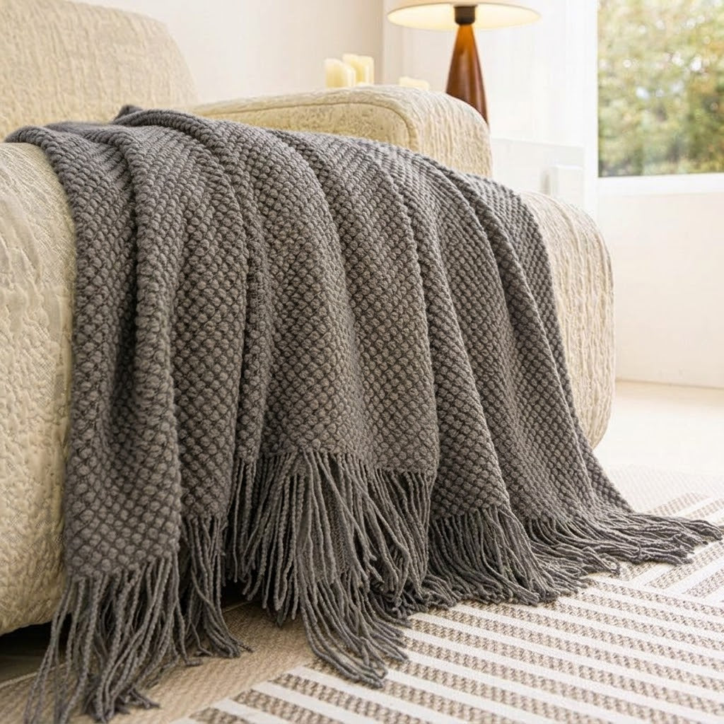 Knitted lightweight throw blanket in grey, available in Nairobi, Kenya