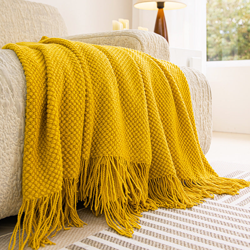 Knitted lightweight throw blanket in mustard, available in Nairobi, Kenya
