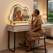 Light Grey Dressing Table with Cloud-Shaped LED Mirror, Five Drawers and Black Metal Leg, 90 × 60 cm, available in Nairobi, Kenya