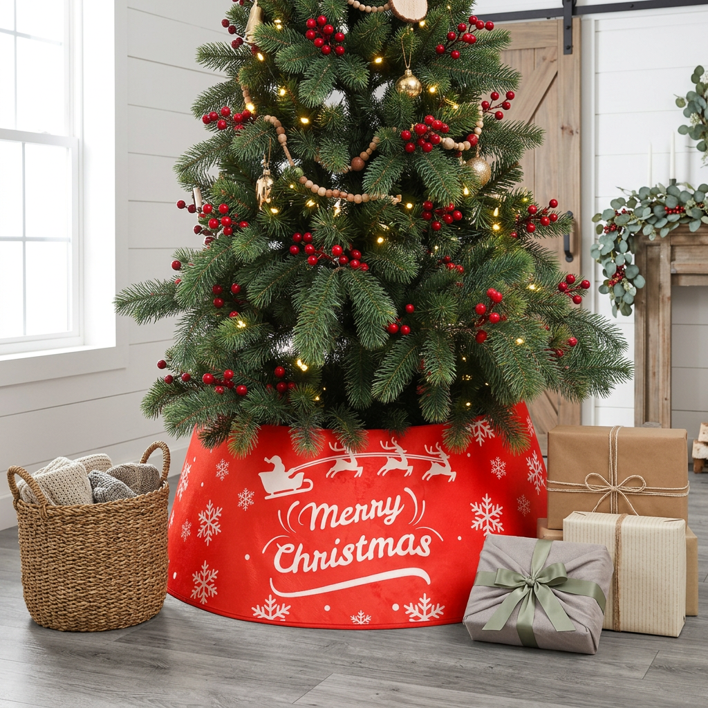 Merry Christmas tree collar in a farmhouse living room