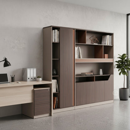 Executive two tone office storage cabinet with shelves lockable compartments and drawers for professional office use