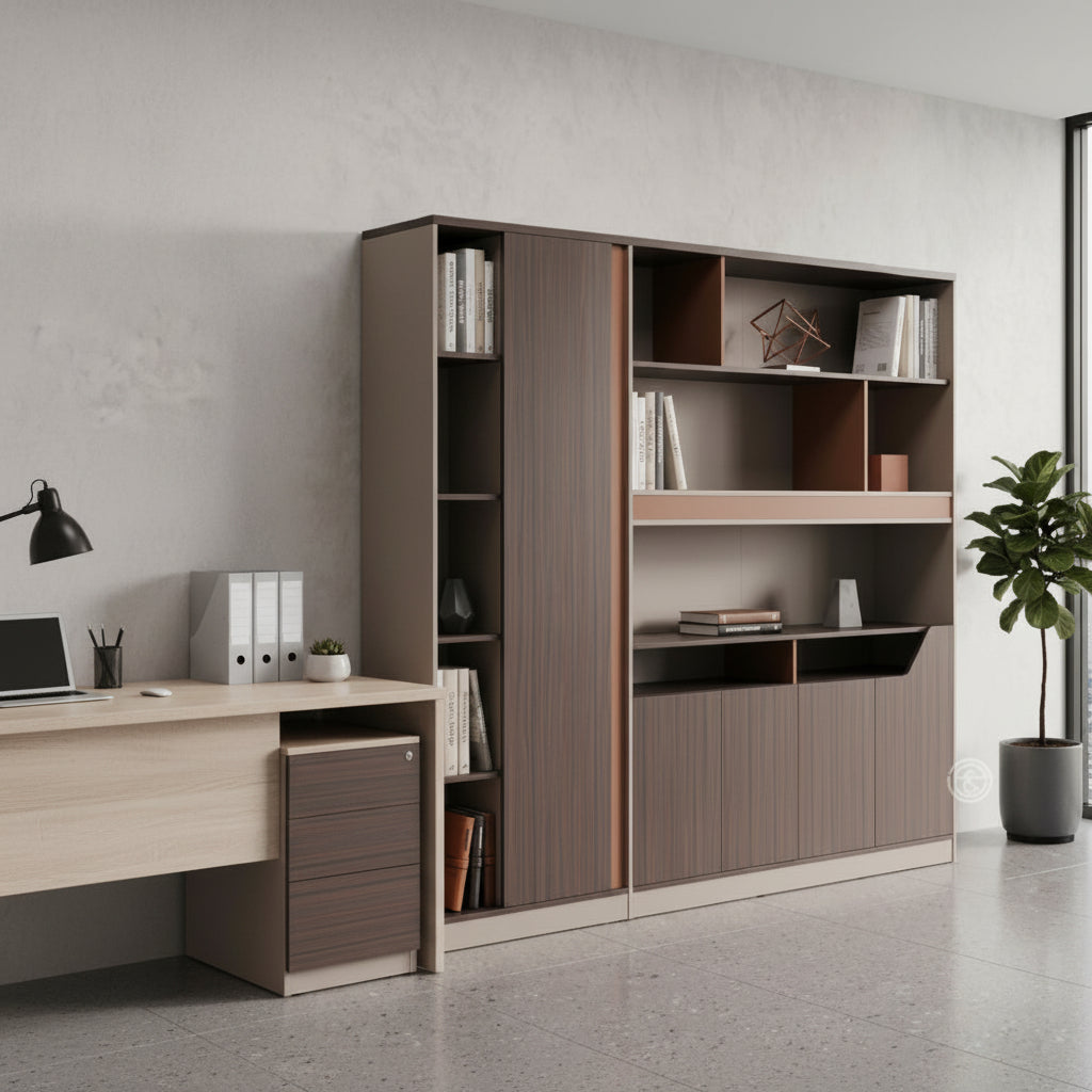Executive two tone office storage cabinet with shelves lockable compartments and drawers for professional office use