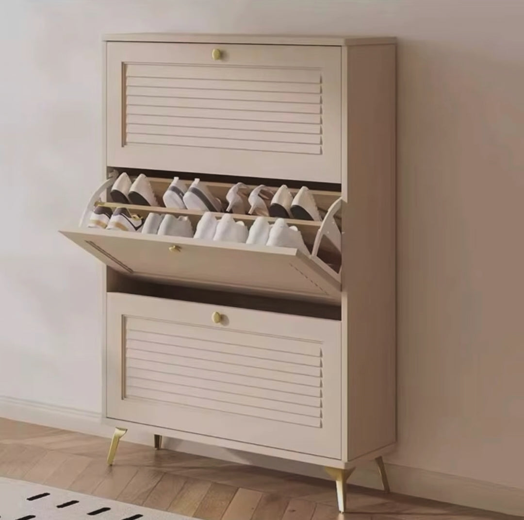 Off-white 3-compartment flip shoe rack with double-layer storage, available in Nairobi, Kenya