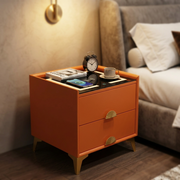 High Gloss Bedside Table with 2 Drawers and Wireless Charging Glass Top, Orange Finish with Gold Sunburst Handles, available in Nairobi, Kenya