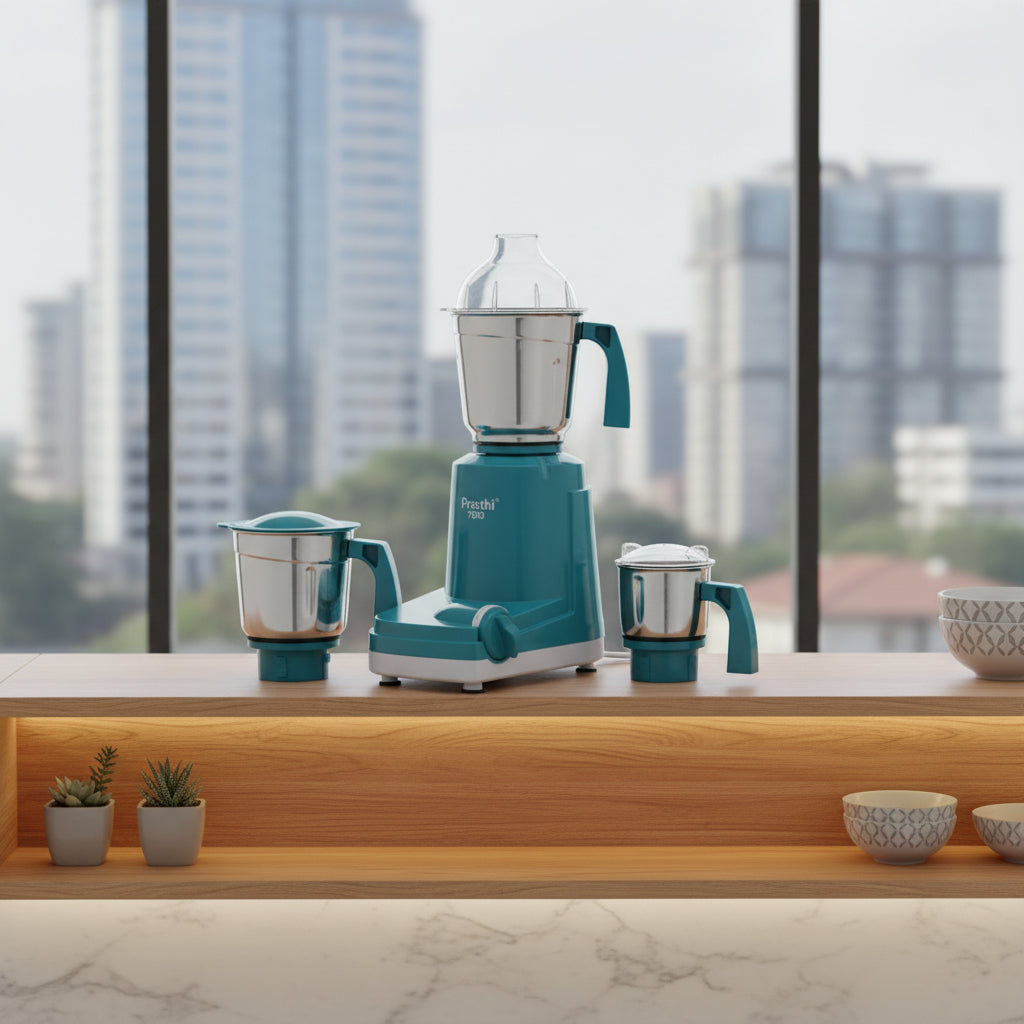 500W mixer grinder with three stainless steel jars, pulse control, and overload protection for blending, grinding, and food preparation MG182/05.