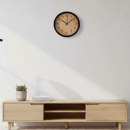 30cm black wall clock with light woodgrain face, bold black numerals, silent quartz movement, modern minimalist design, Dawood Lifestyle & Gadgets