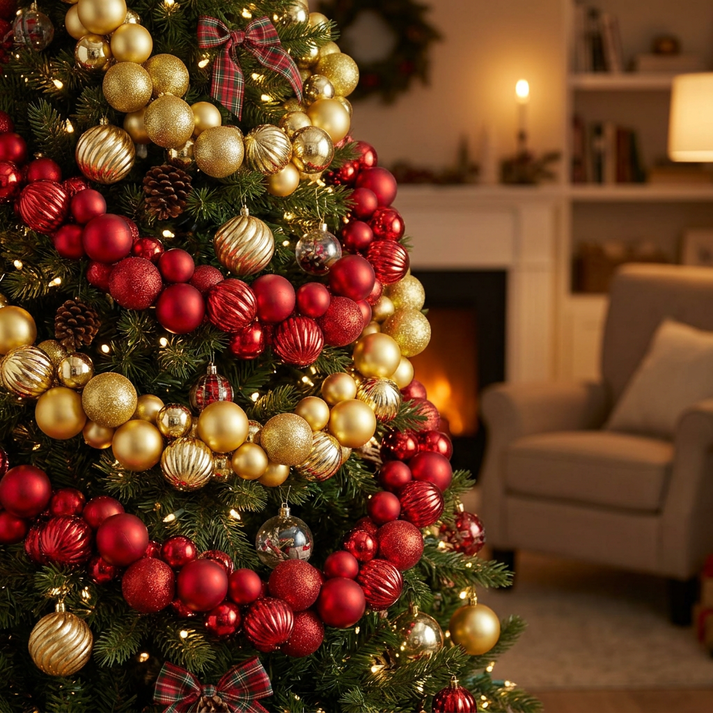 Red and gold ball garlands decorated on a Christmas tree