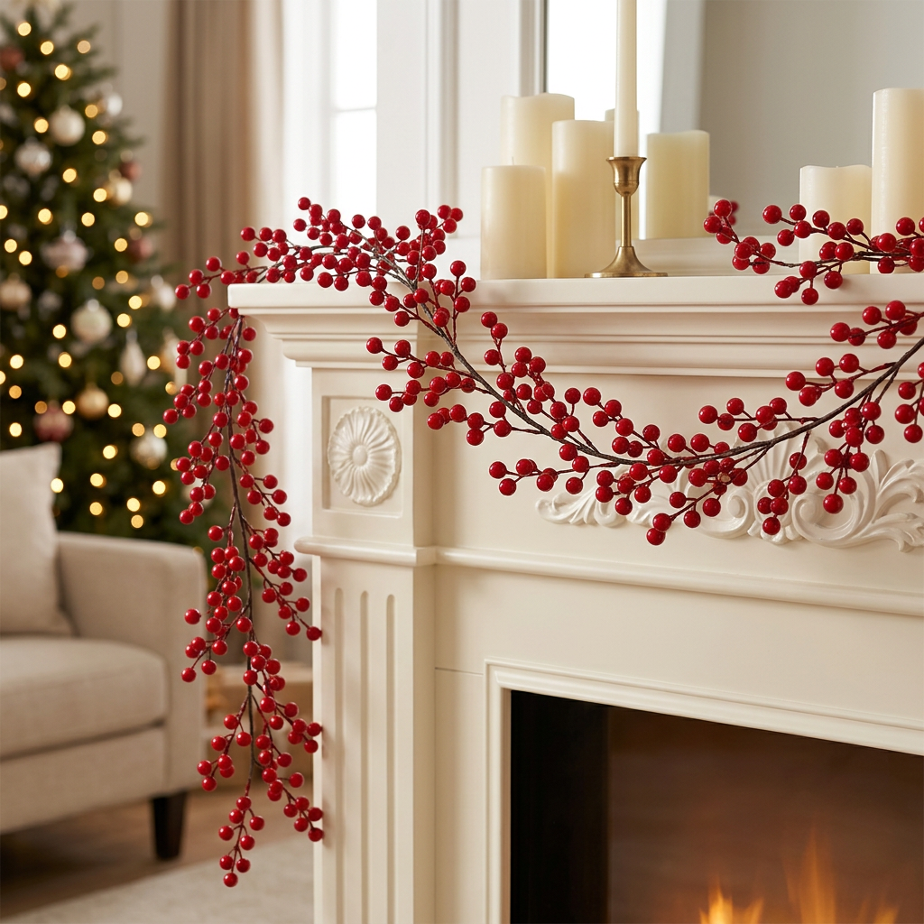 Red berry garland styled as festive mantel décor