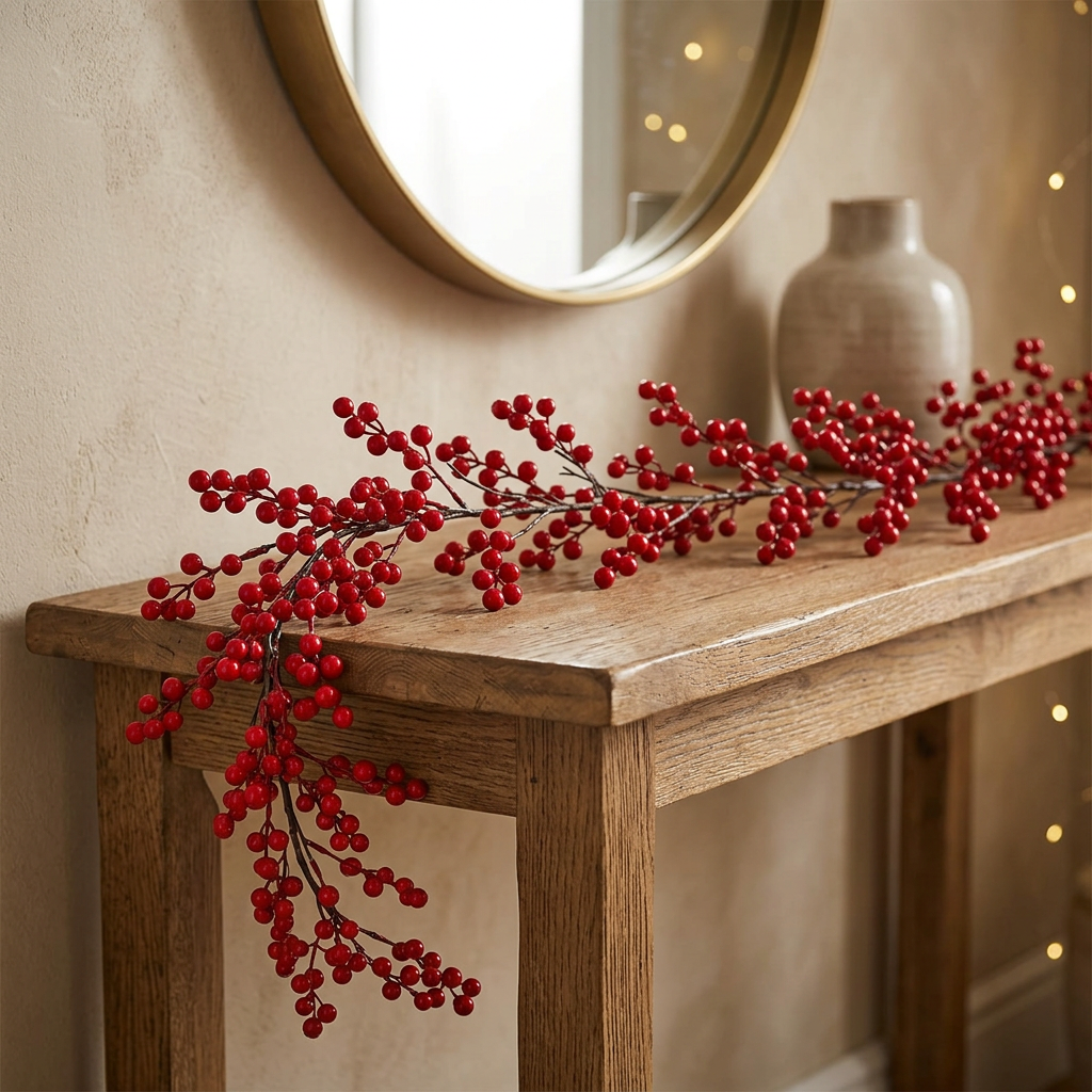 Red berry garland styled on an oak console table in a cozy entryway