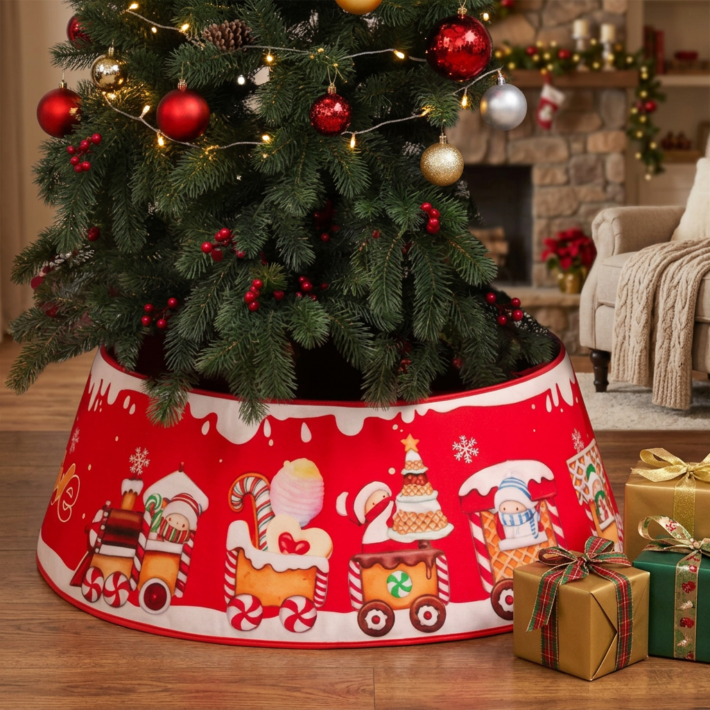 Red tree collar under a Christmas tree, no text