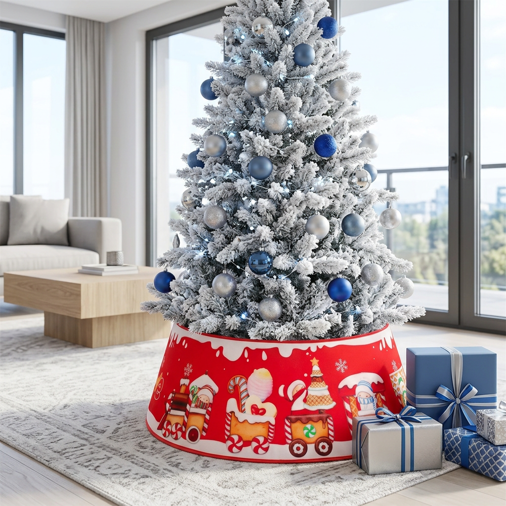 Red tree collar under a flocked white tree in a modern living room