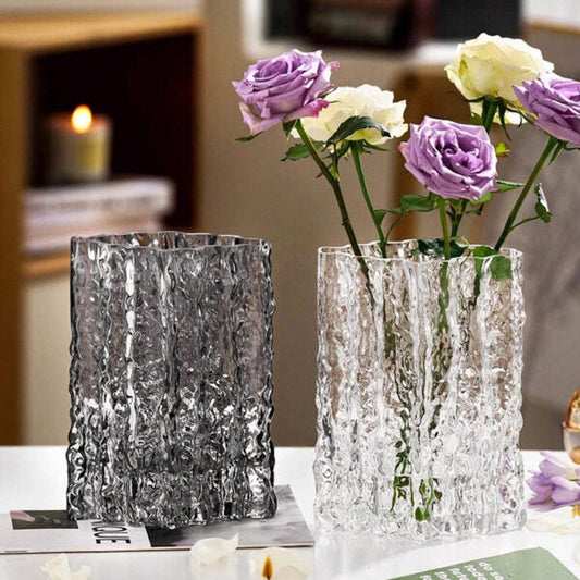 21cm clear rippled glass vase with wavy texture, ideal for flowers or decorative display.