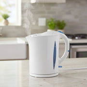 Ramtons 1.8 liter white corded electric kettle with 2200 watt power, dual water gauge, and dry boil protection