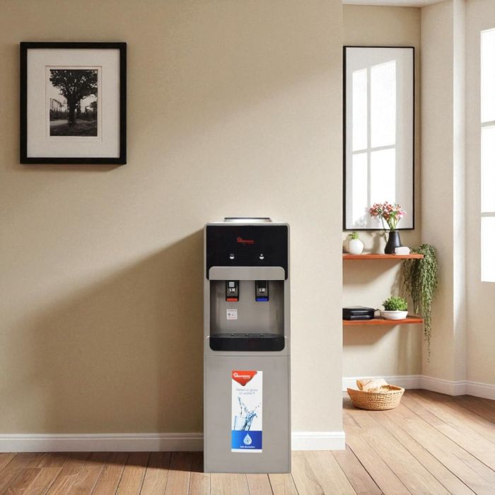Free standing water dispenser with hot and cold water functions, stainless steel tank, and instant cooling and heating