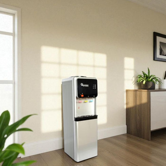 freestanding hot normal cold water dispenser RM/685 with storage cabinet and button control