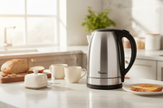 Ramtons 2.5 liter stainless steel cordless electric kettle with STRIX technology, 360-degree base, and safety features