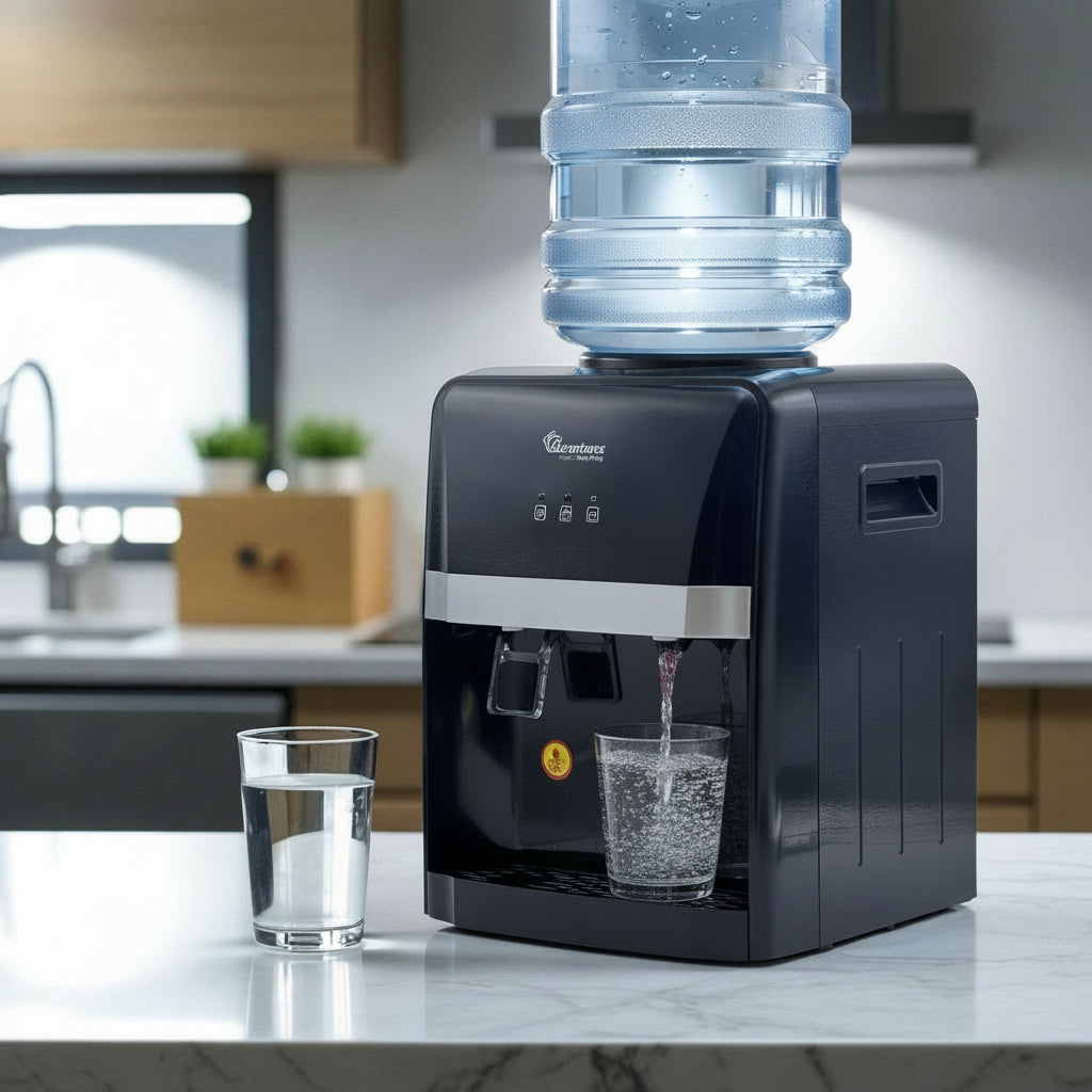 Black table top water dispenser with hot and normal water functions and stainless steel hot tank