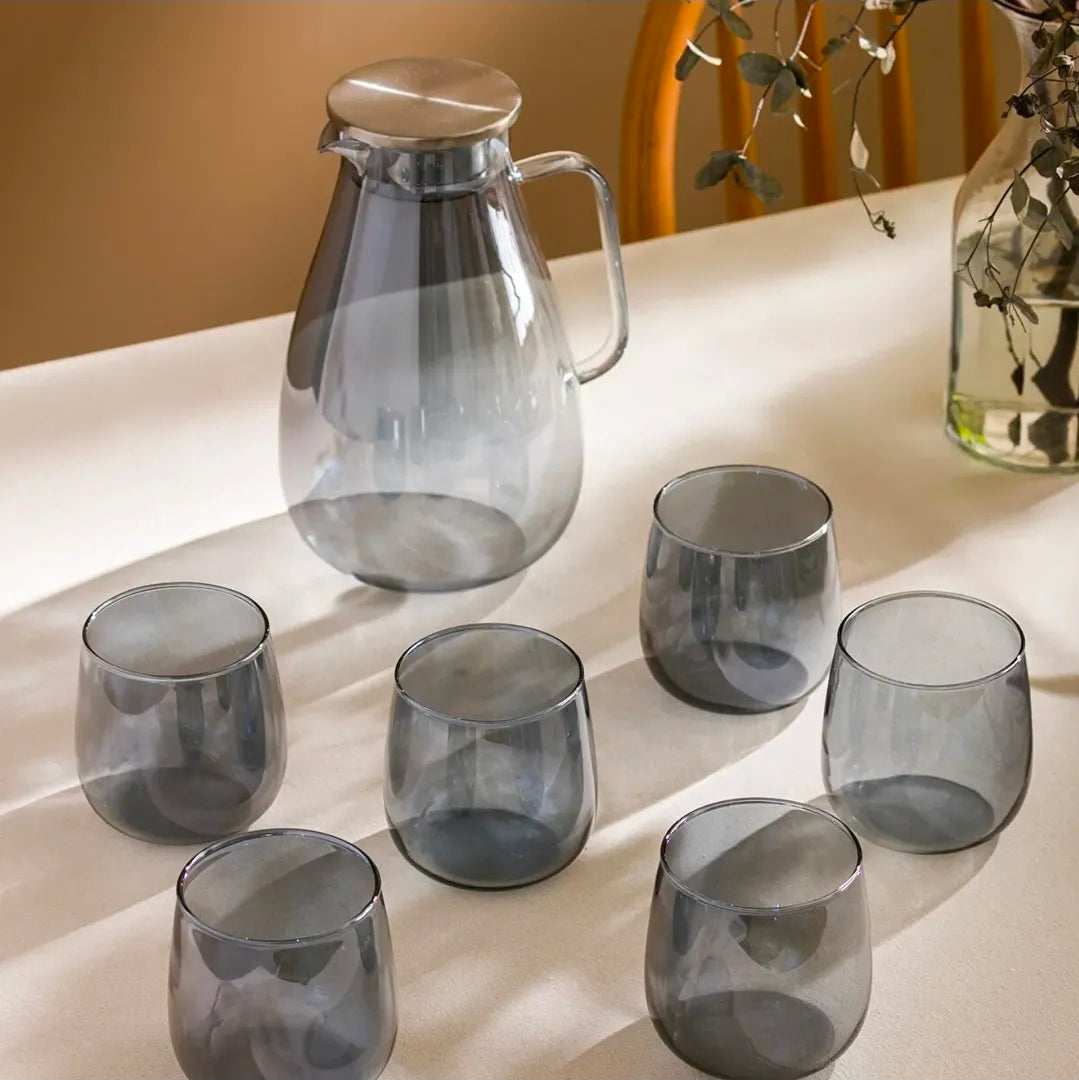 7 Piece Smoky Grey Glass Jug and Tumbler Set