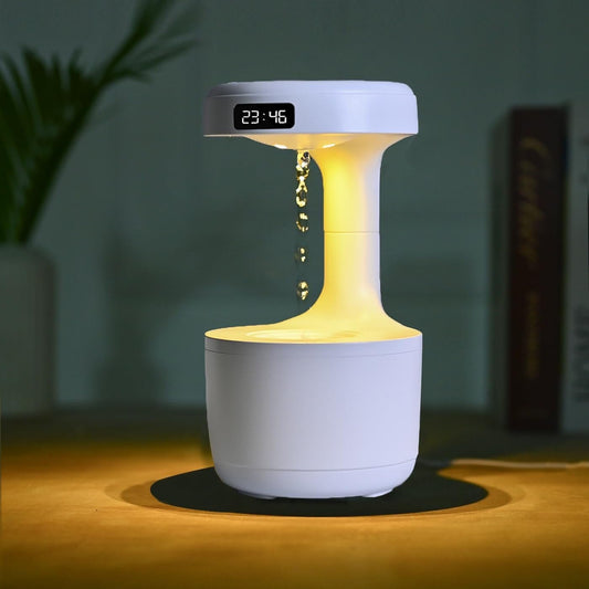 Anti gravity water droplets humidifier with modern floating water effect and ambient lighting. 