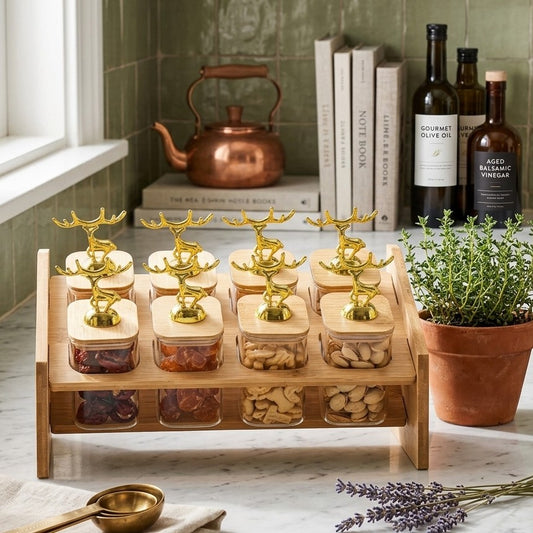 8-piece kitchen spice rack set with 300ml spice jars and elegant bamboo stand for organized countertop storage. 