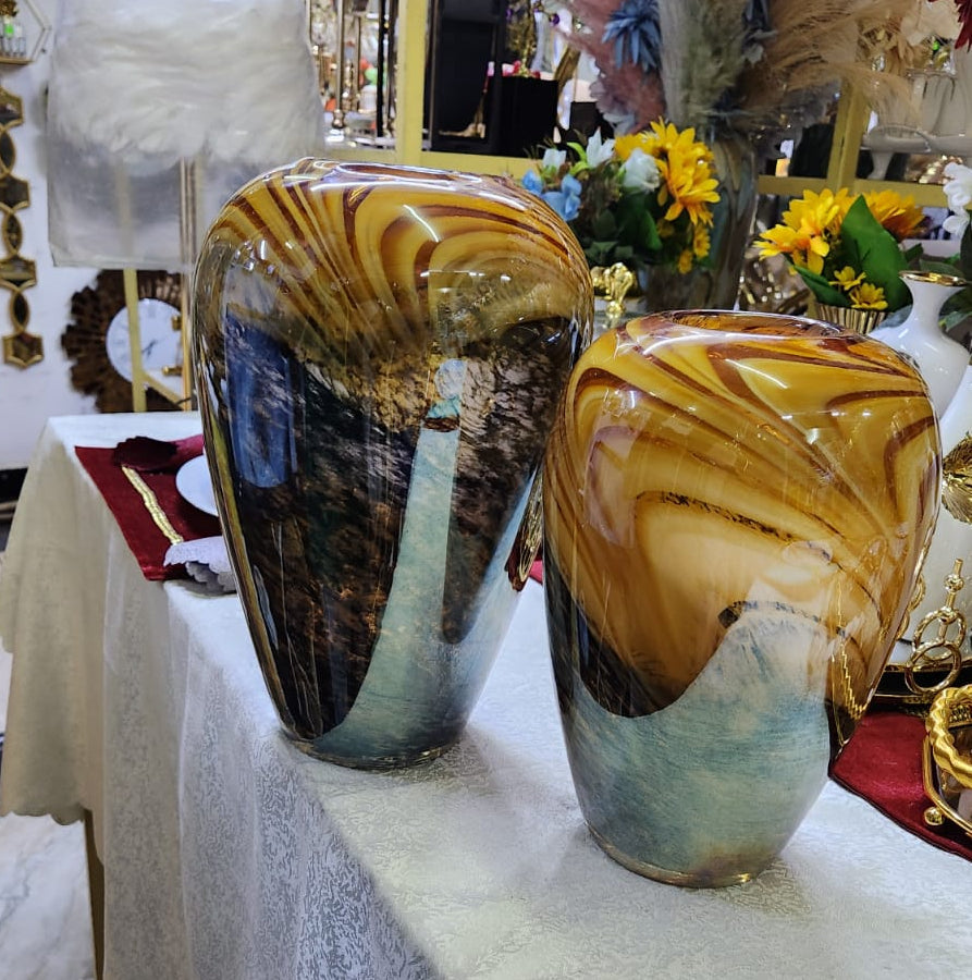Handblown Amber Swirl Glass vase with caramel, brown, and smoke grey patterns