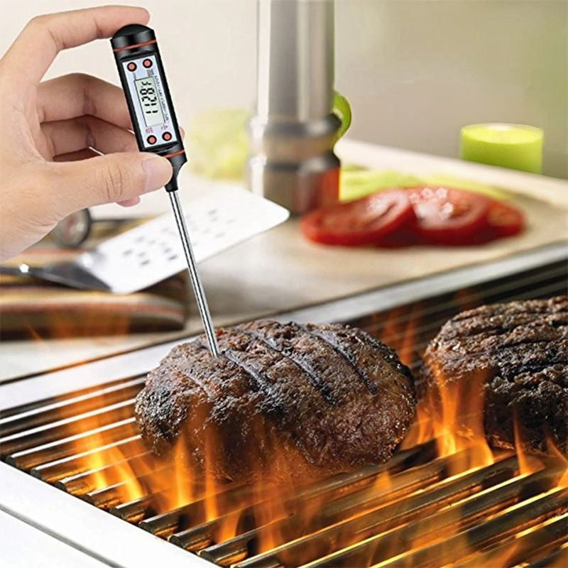 Digital food thermometer with clear display in black and white.