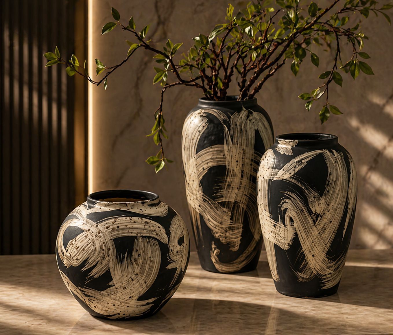3 Piece black and white artistic decorative vase set for modern home décor